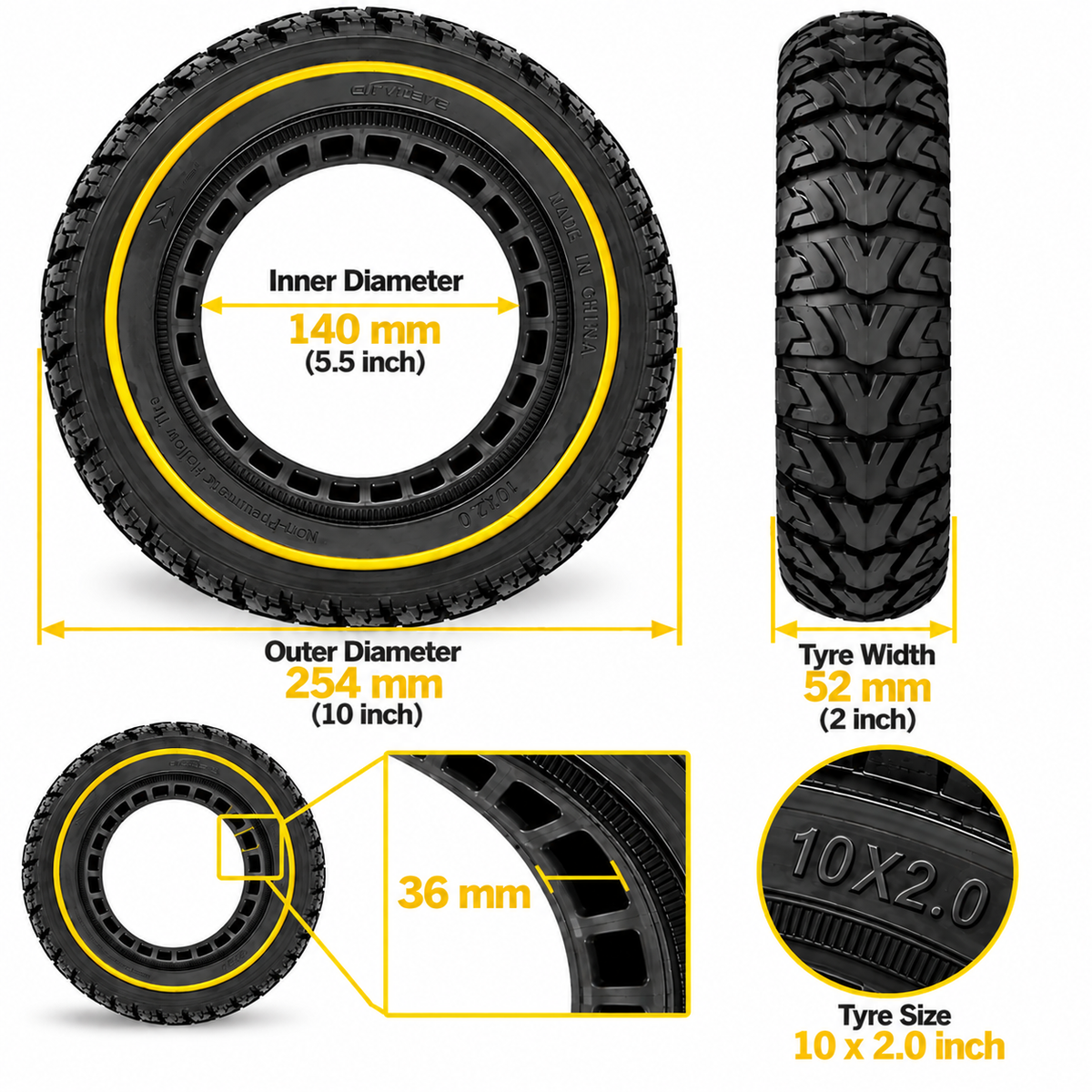 10x2" Tubeless Solid Tyre 36mm Slot w/ Yellow Line for Electric Scooter