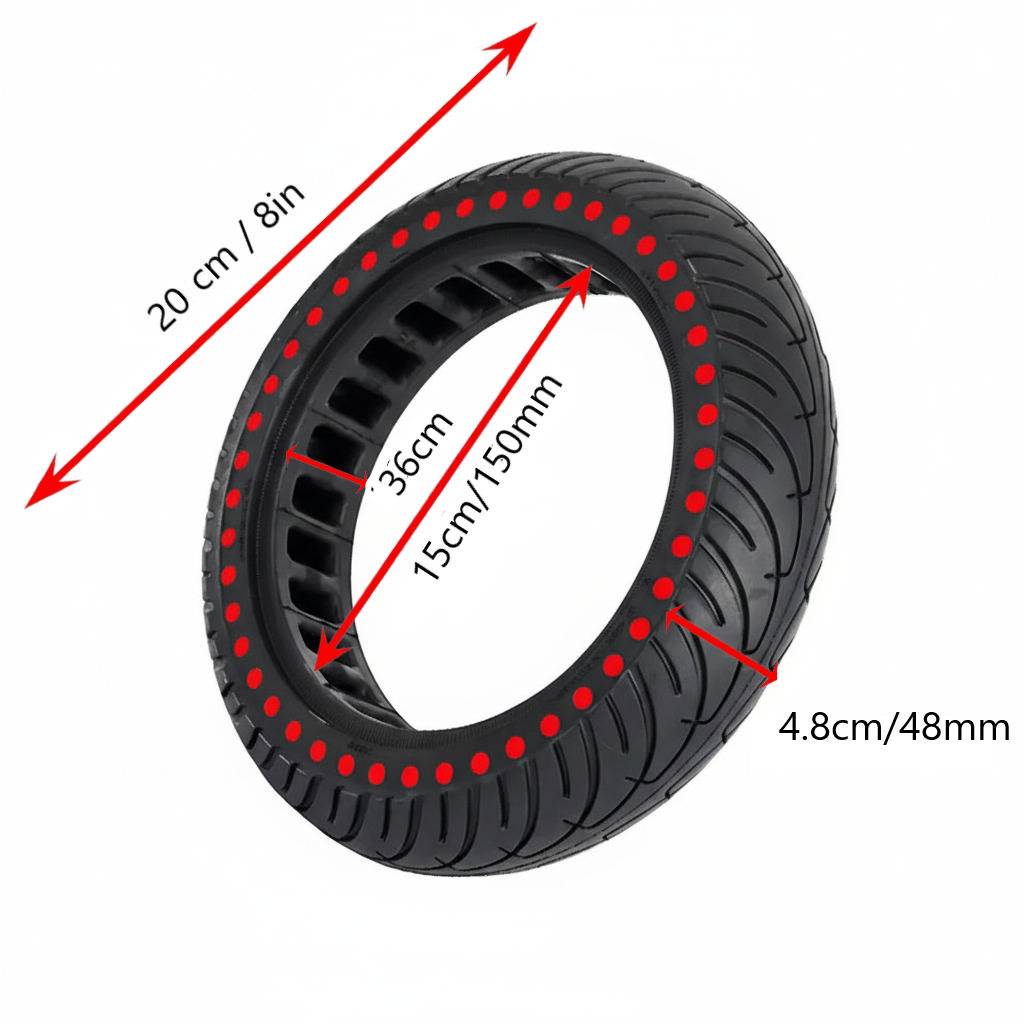 8inch Red Dot Tire with measurements indicated