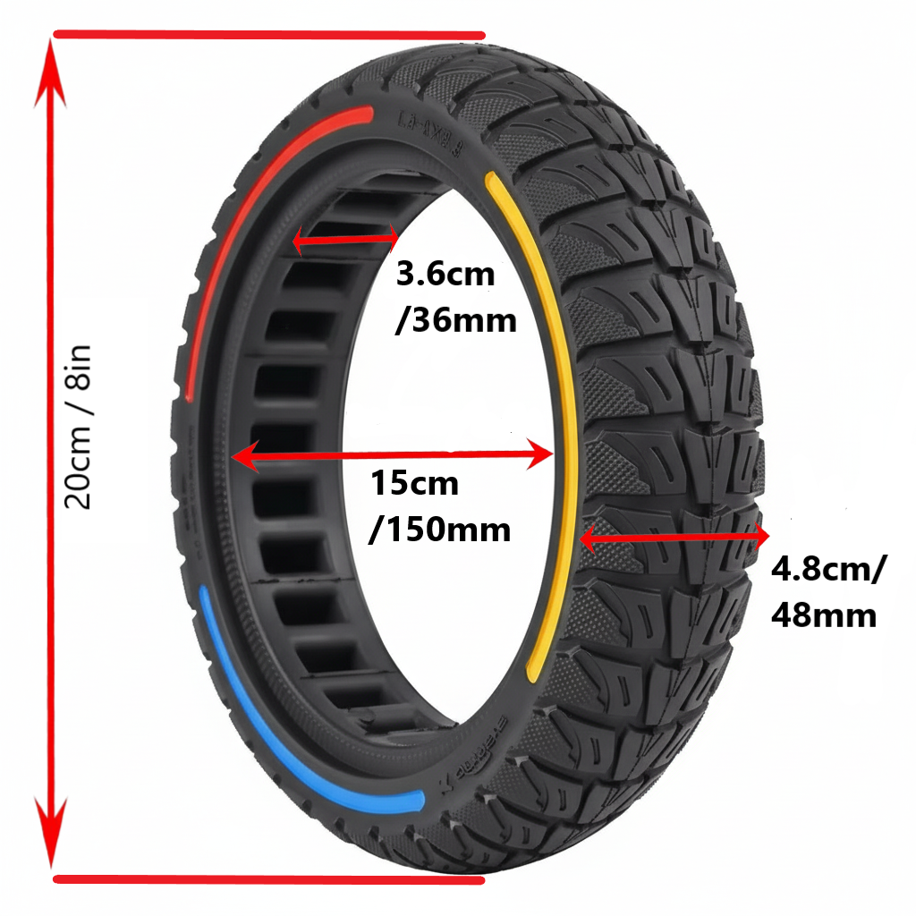8inch Tri Color Tire with measurements indicated