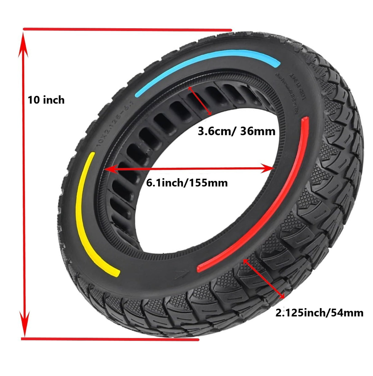 10x2.125-6.1" Tubeless Tyre w/ Tri Color Line 36mm Slot for Electric Scooter