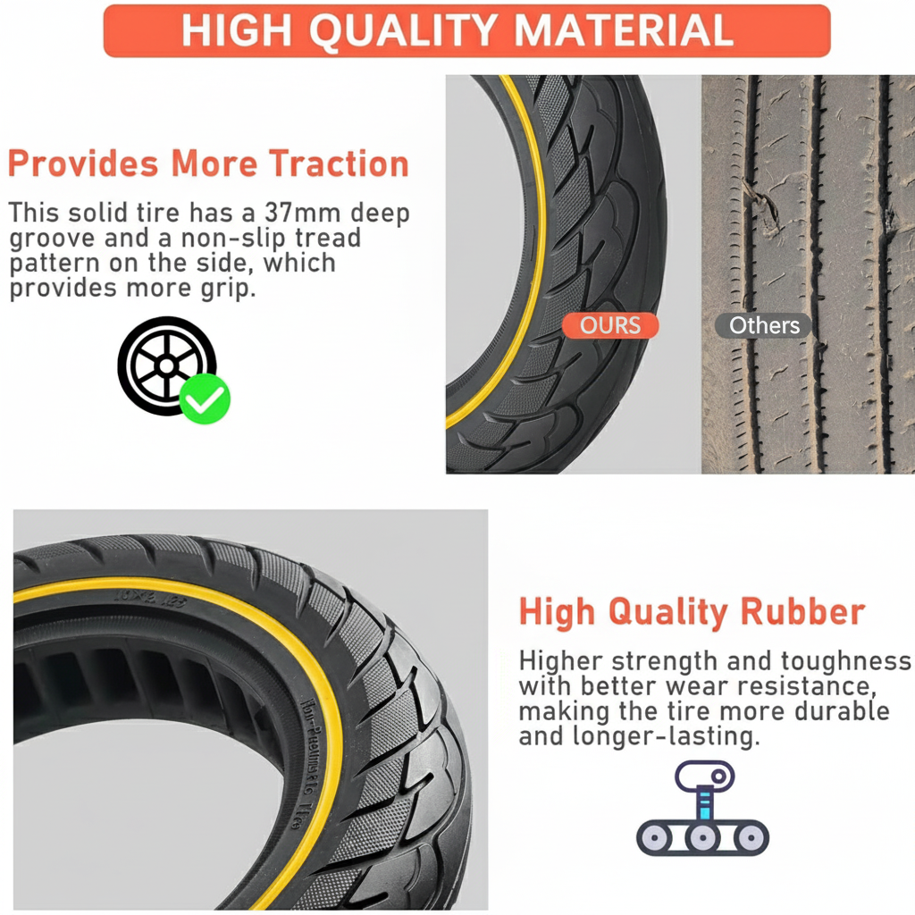 Tire with tread pattern comparison and material quality description
