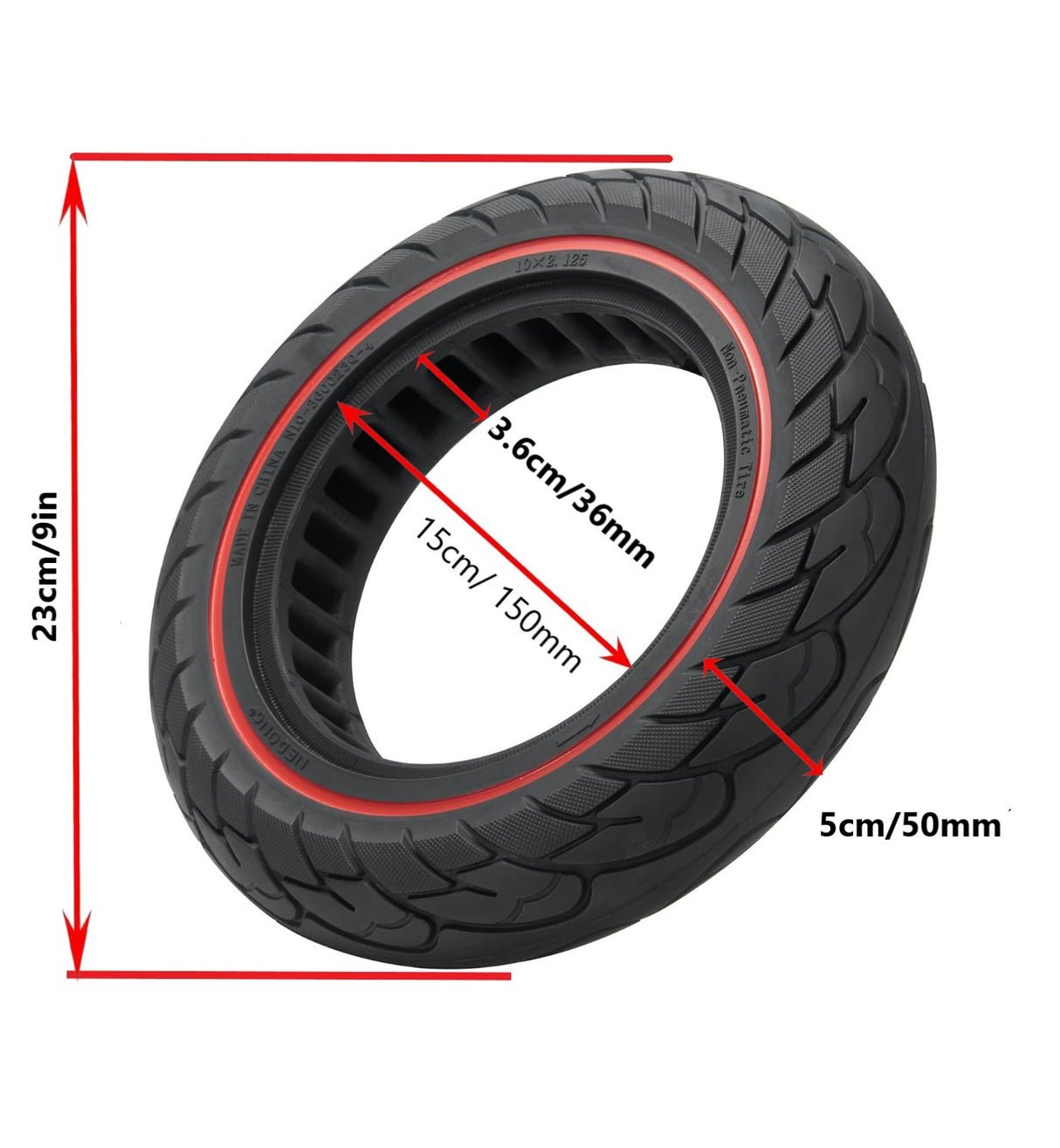 10x2.125" Tubeless Tyre w/ Red Line 36mm Slot for Electric Scooter