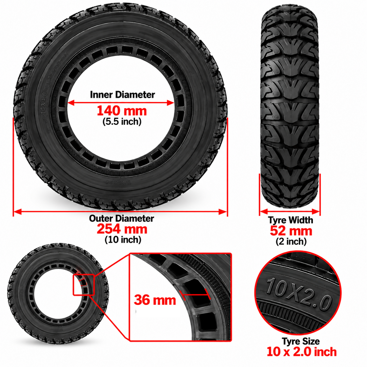 10x2" Black Tubeless Solid Tyre 36mm Slot for Electric Scooters
