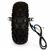 Black tire with tread pattern and wiring
