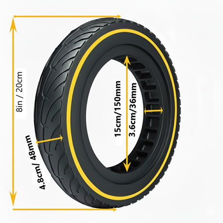 8inch Yellow Line Tire with measurements indicated