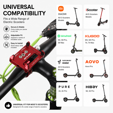 Electric scooter phone holder with compatibility chart for various scooter brands