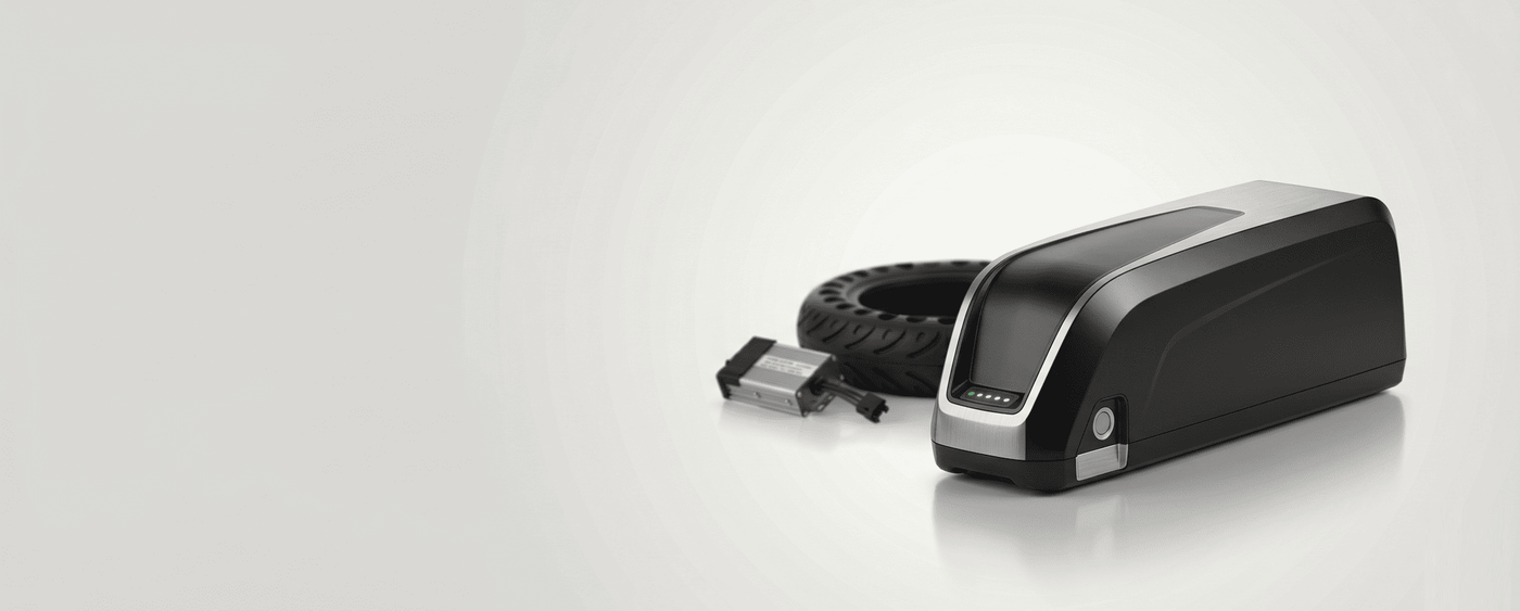 Black e-scooter and e-bike replacement battery with a solid tyre and controller on a light grey background