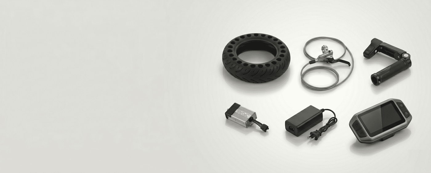 Range of e-scooter and e-bike spare parts including a solid tyre, brake lever, controller, charger and display unit on a light grey background
