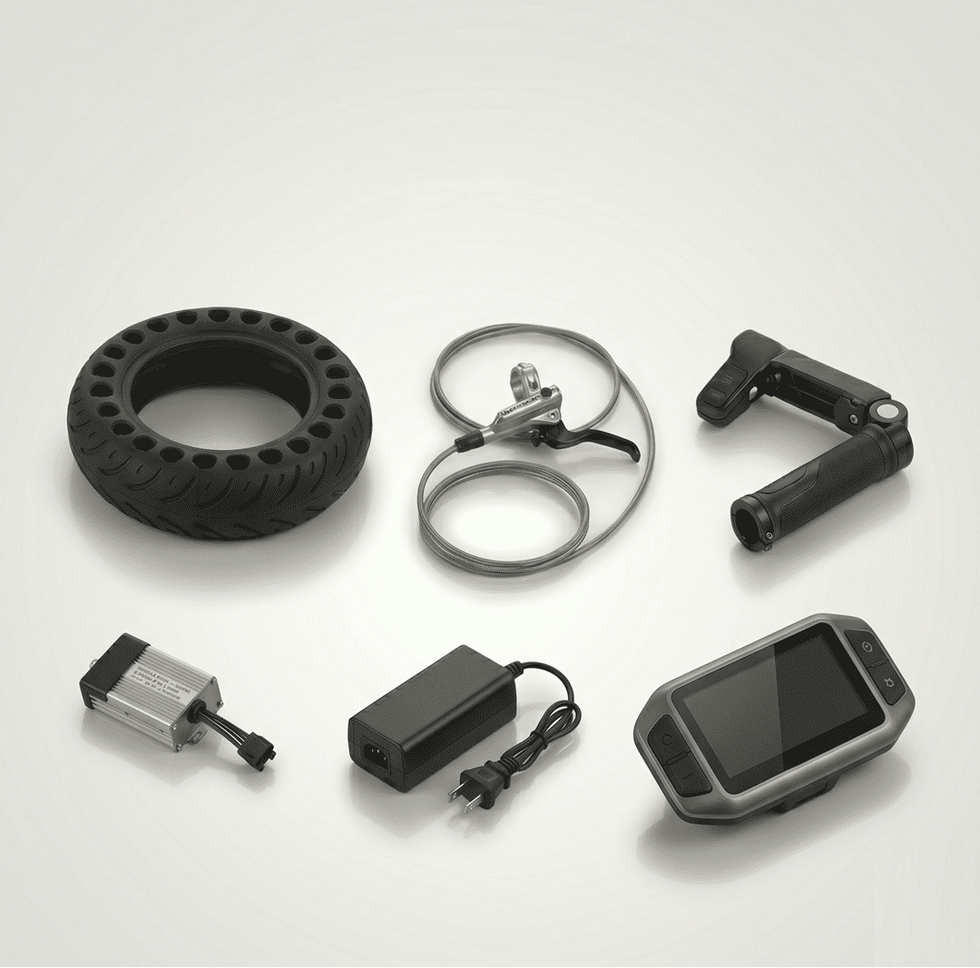 e-scooter and e-bike replacement parts including tyre, brake lever, controller and charger